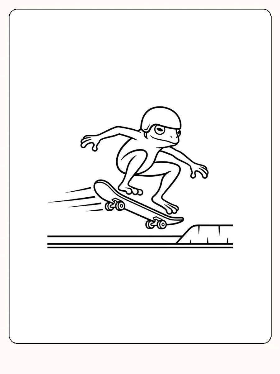 Tegning til farvelægning af en dreng på skateboard, der laver et trick