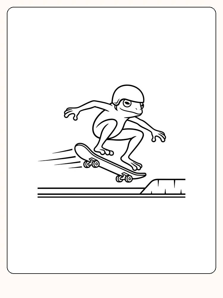 Tegning til farvelægning af en dreng på skateboard, der laver et trick