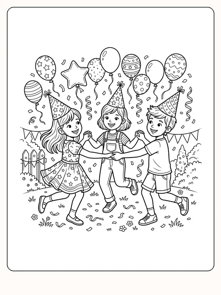 Fête d'anniversaire avec trois enfants en chapeaux de fête qui dansent en ronde sous des ballons, des serpentins et des confettis