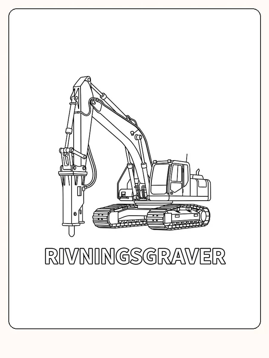 Tegning til farvelægning af en gravemaskine til nedrivning, klar til print