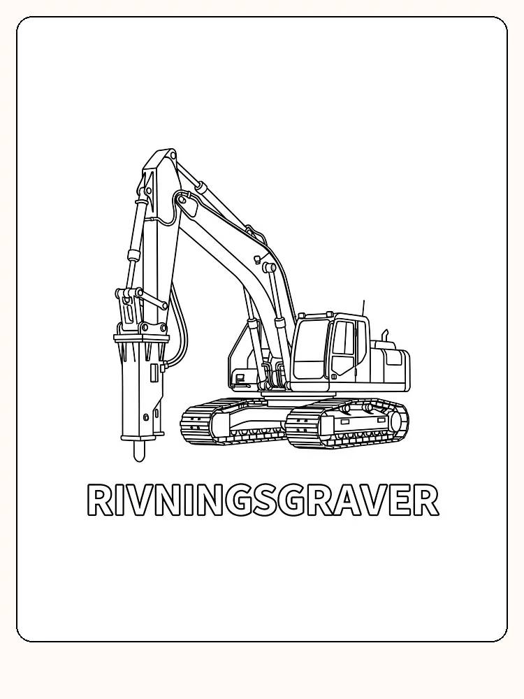 Tegning til farvelægning af en gravemaskine til nedrivning, klar til print