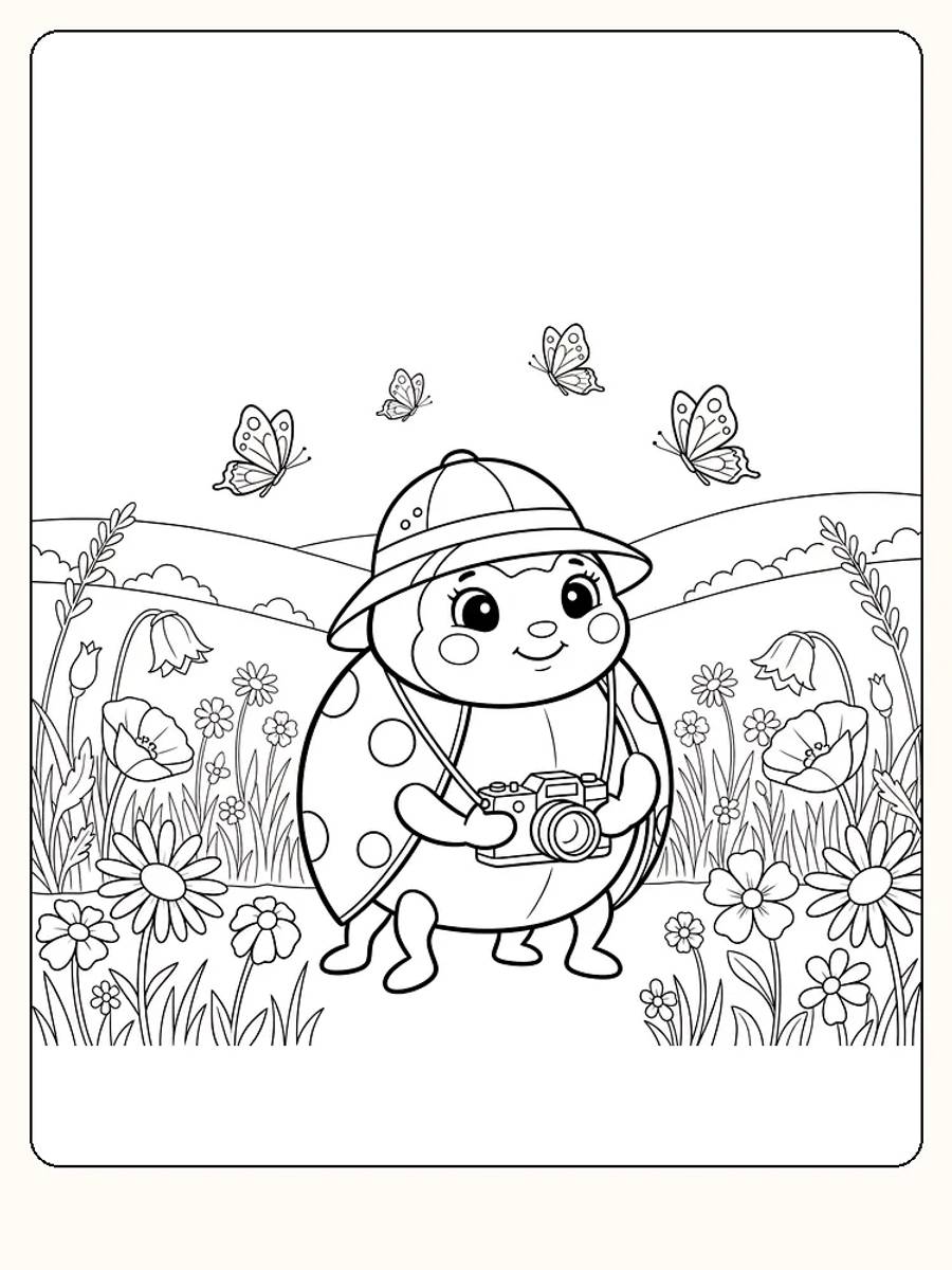Tegning af en mariehøne med kamera i en blomstereng, klar til farvelægning.