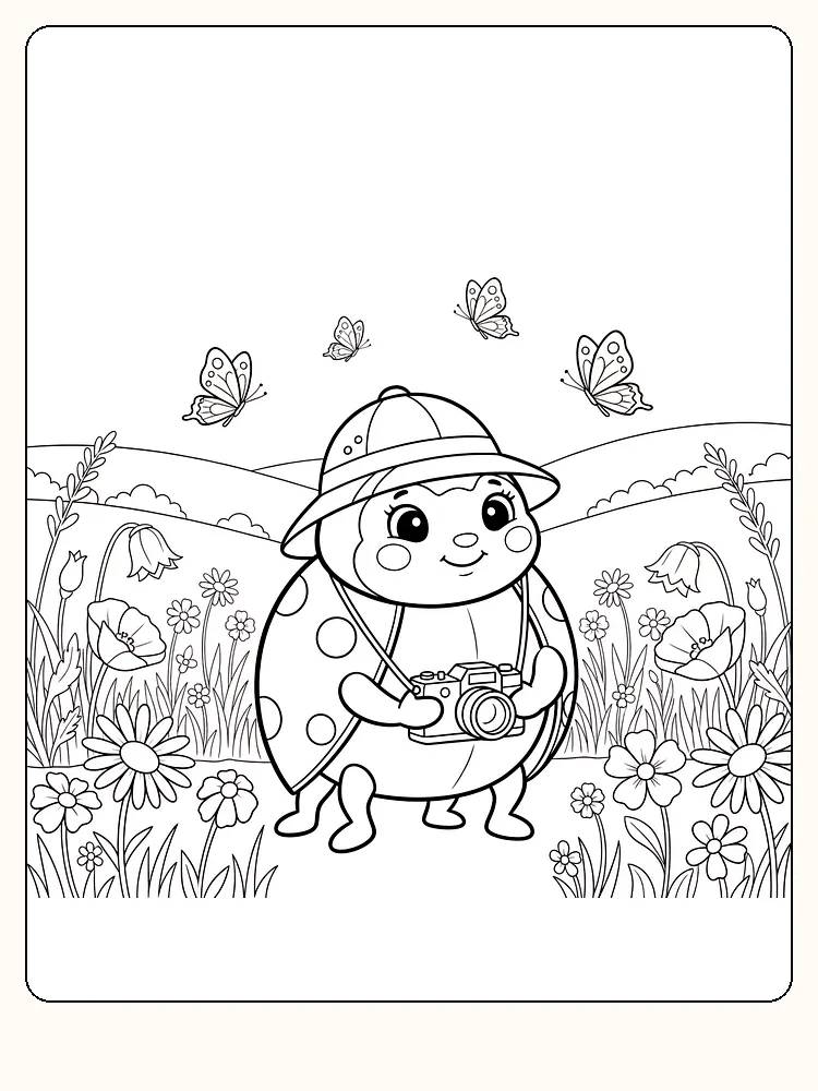 Tegning af en mariehøne med kamera i en blomstereng, klar til farvelægning.