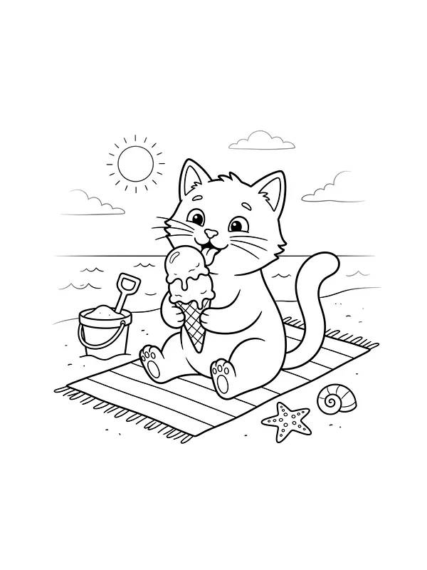 Chat qui lèche une glace à la plage