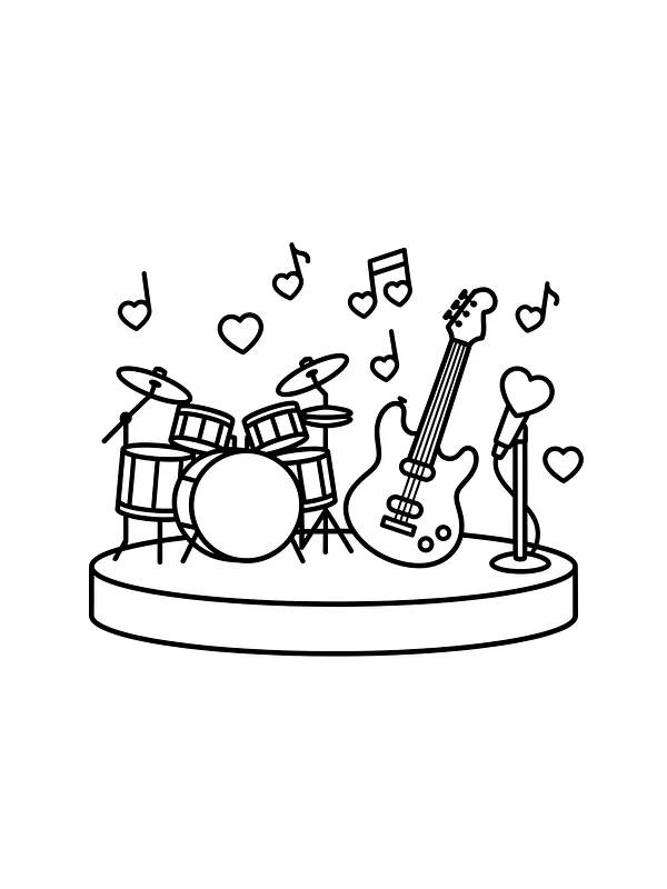 Musikkscene med trommesett og gitar, underkategori