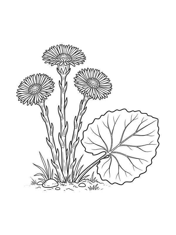 Tre hestehovblomster og et stort blad