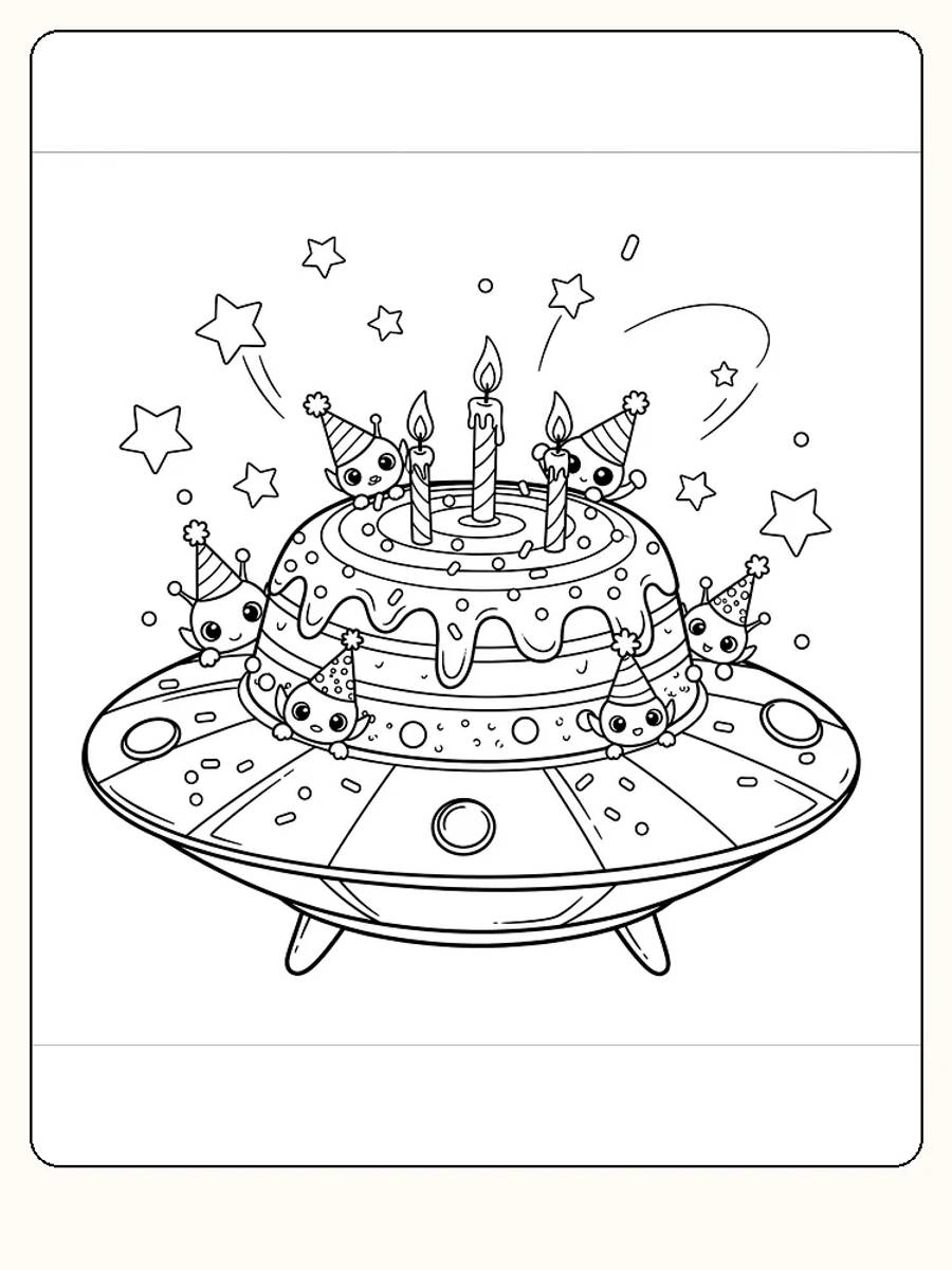 Fargelegging av romskip med bursdagskake og små aliens med hatter, klar for utskrift