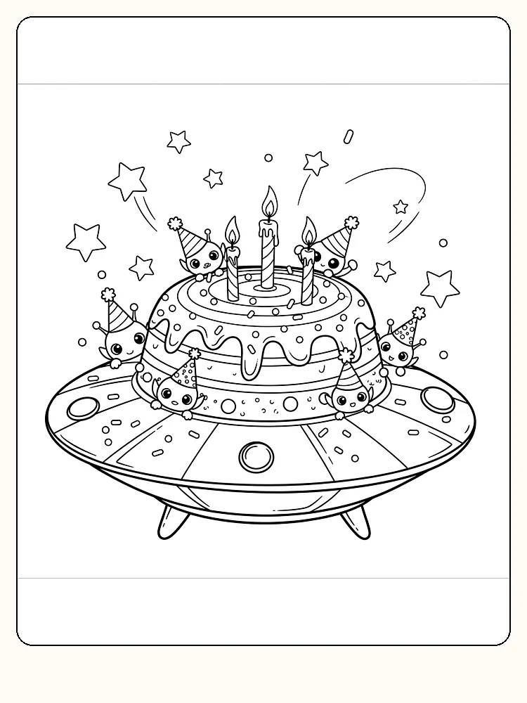 Fargelegging av romskip med bursdagskake og små aliens med hatter, klar for utskrift