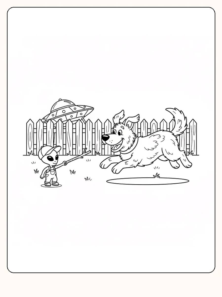 Tegning til farvelægning af rumvæsen, der leger med en hund foran et hegn og et rumskib