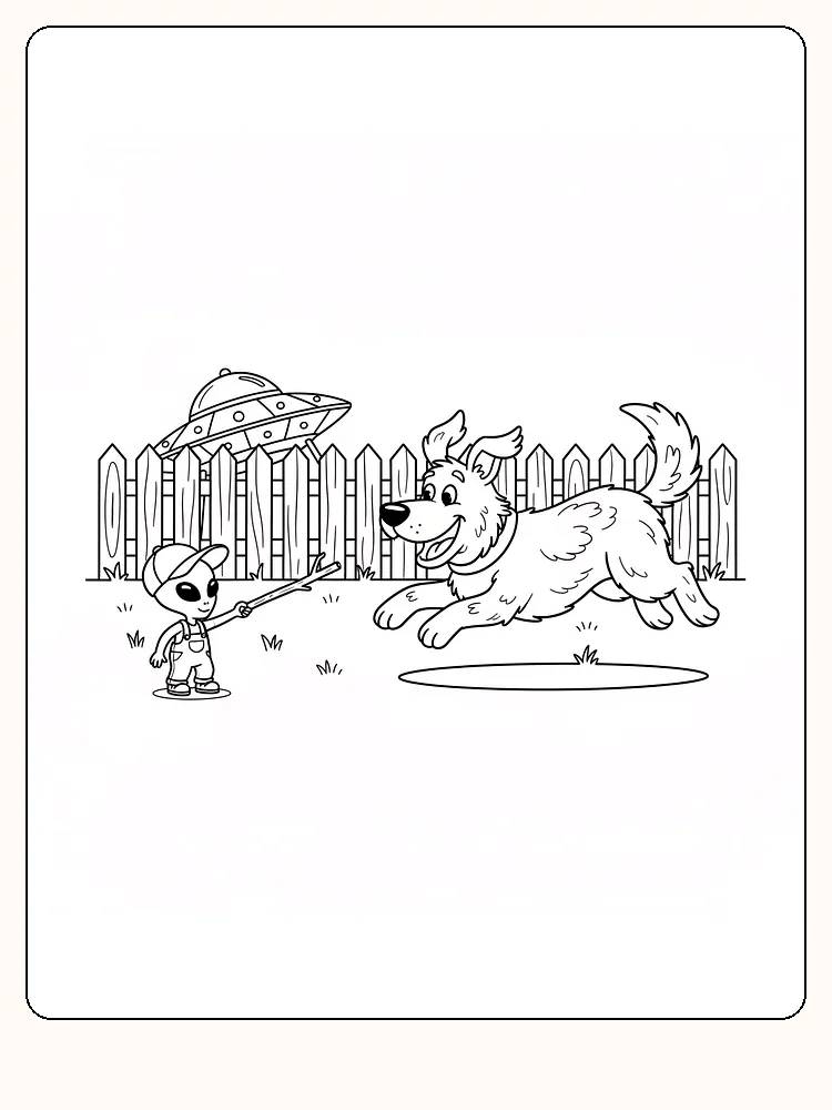 Tegning til farvelægning af rumvæsen, der leger med en hund foran et hegn og et rumskib