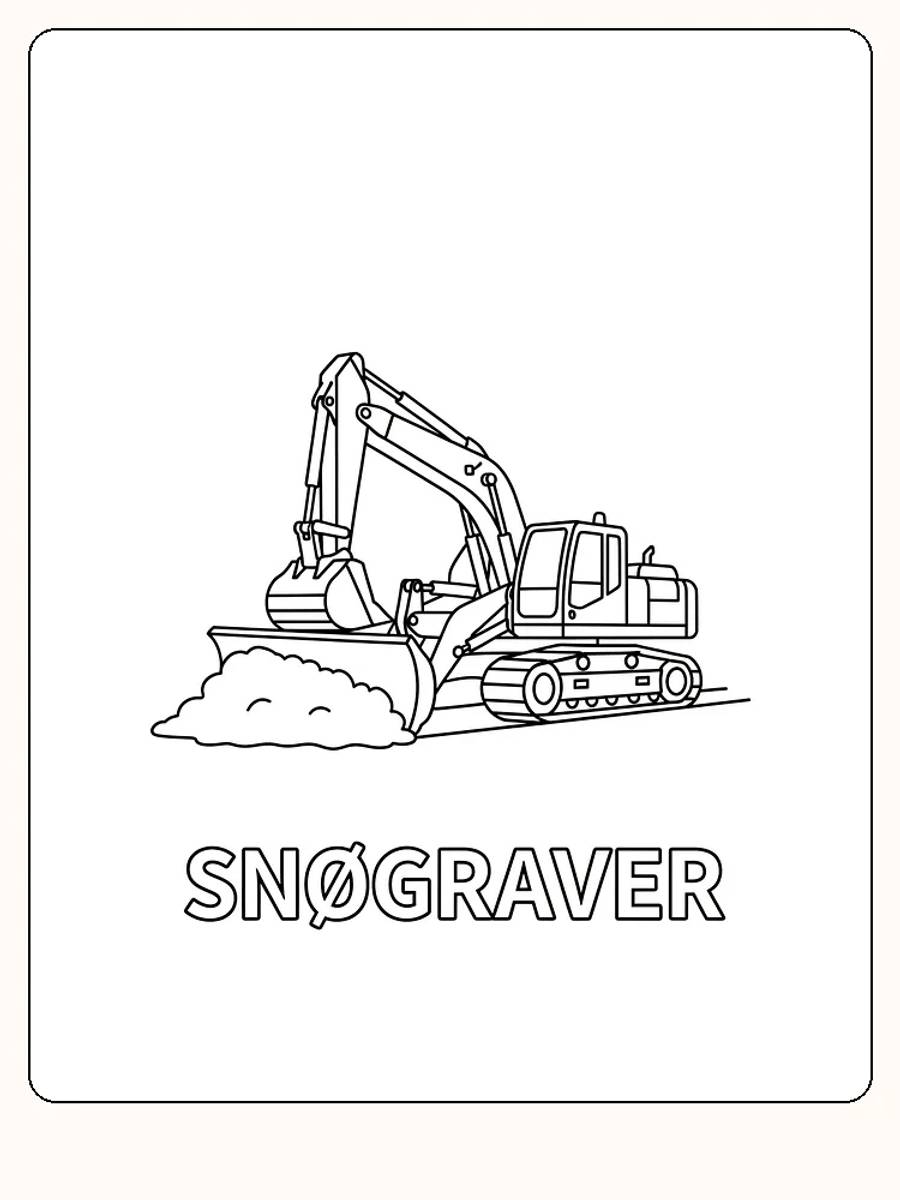 Børnenes tegning til farvelægning af en gravemaskine, der rydder sne