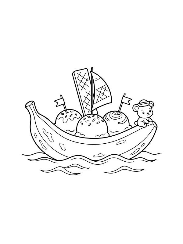 Bateau-banane avec glace et un ours en peluche souriant