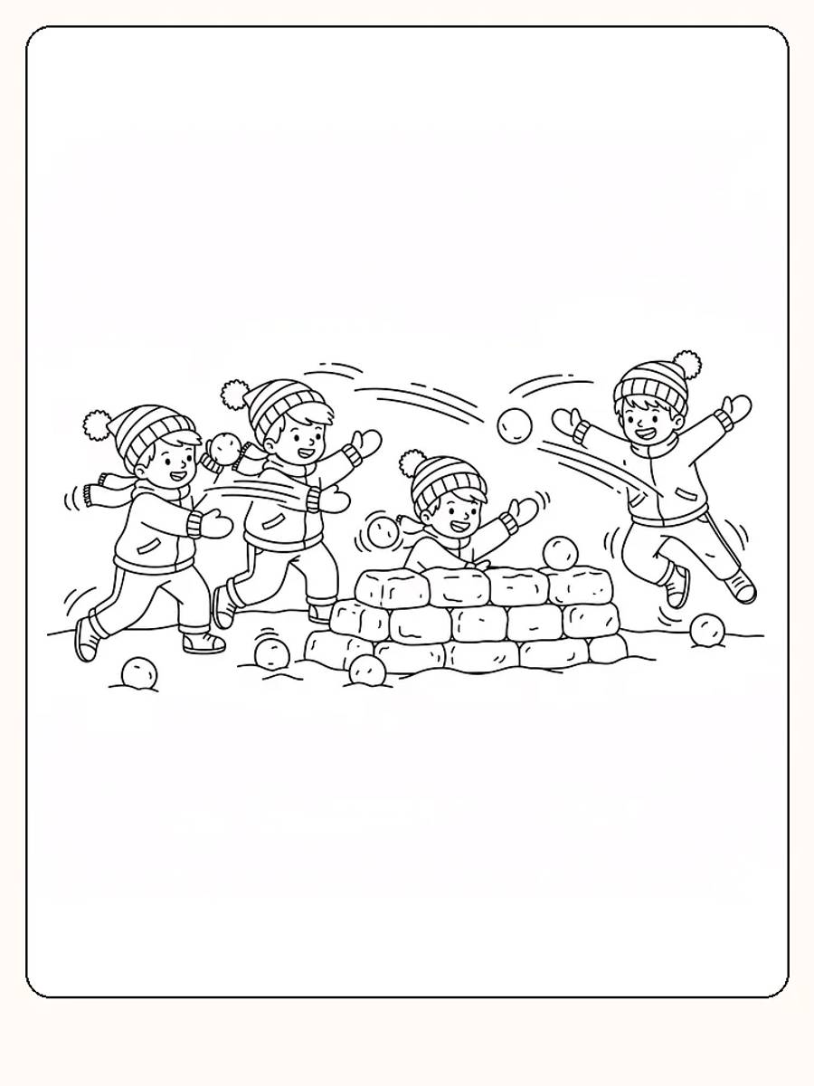 Tegning til farvelægning af børn, der leger med snebolde ved et snefort