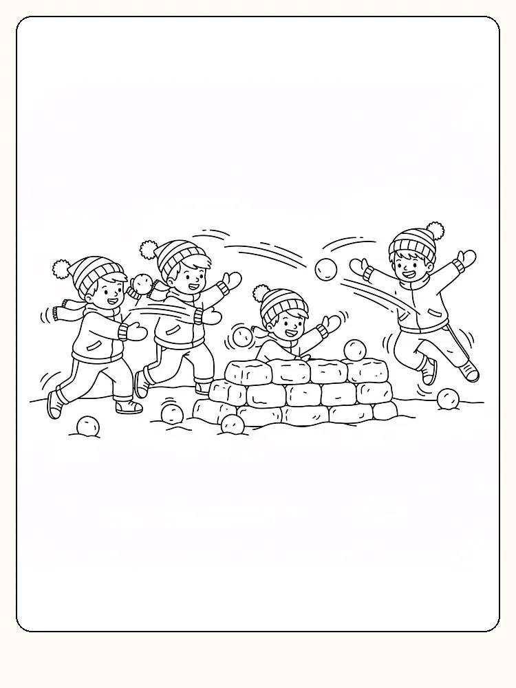 Tegning til farvelægning af børn, der leger med snebolde ved et snefort