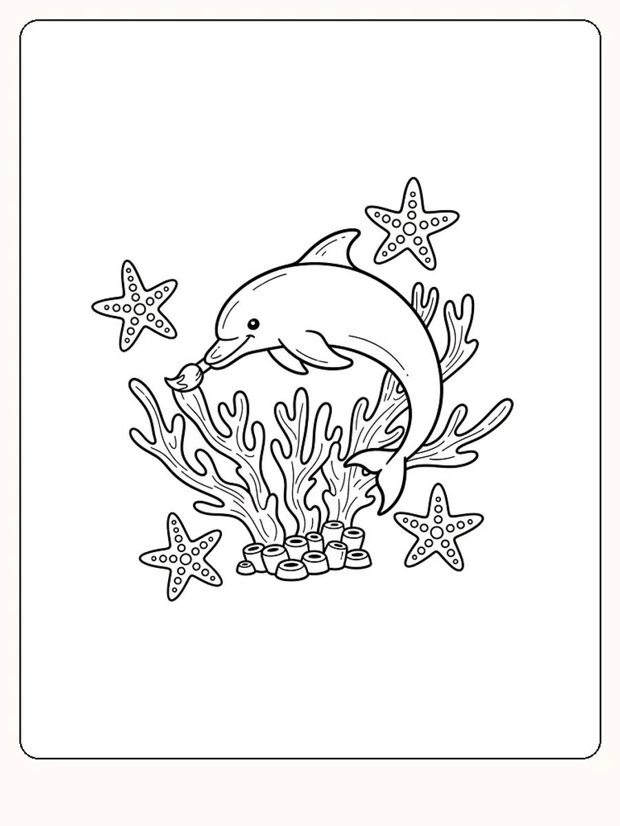Tegning til farvelægning af en svømmende delfin blandt koraller og søstjerner, klar til print
