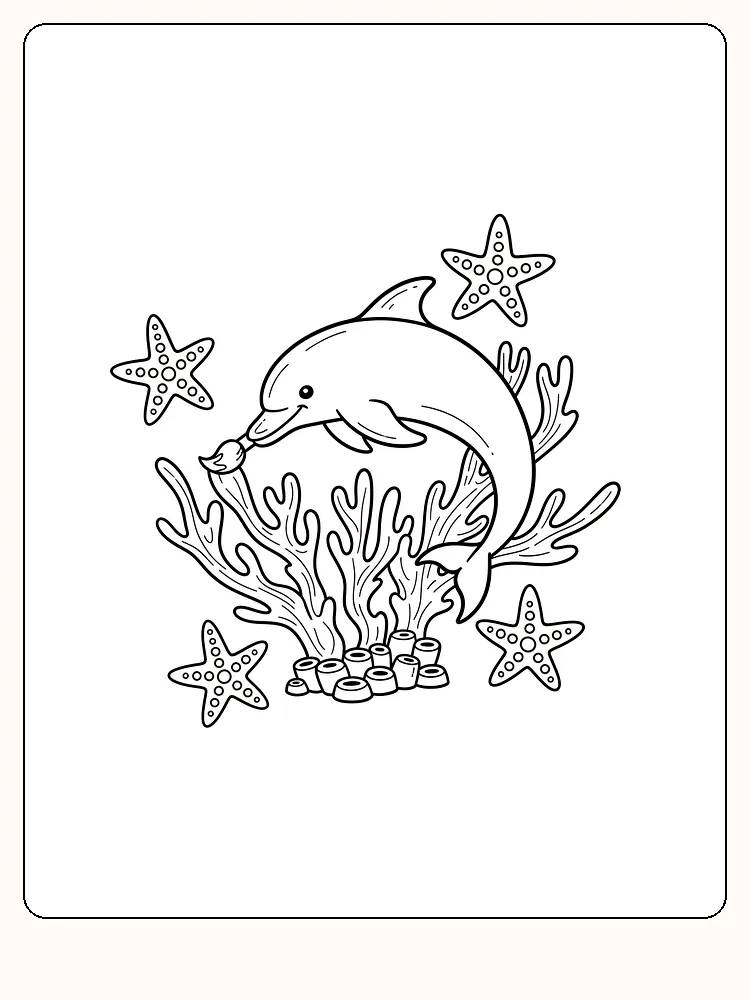 Tegning til farvelægning af en svømmende delfin blandt koraller og søstjerner, klar til print