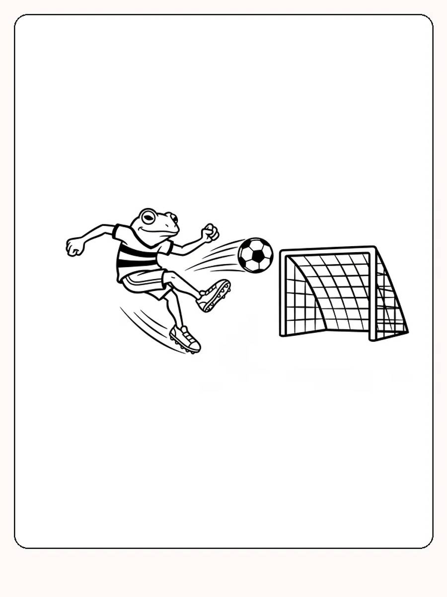 Tegning til farvelægning af en frø, der sparker til en fodbold mod et mål, klar til print