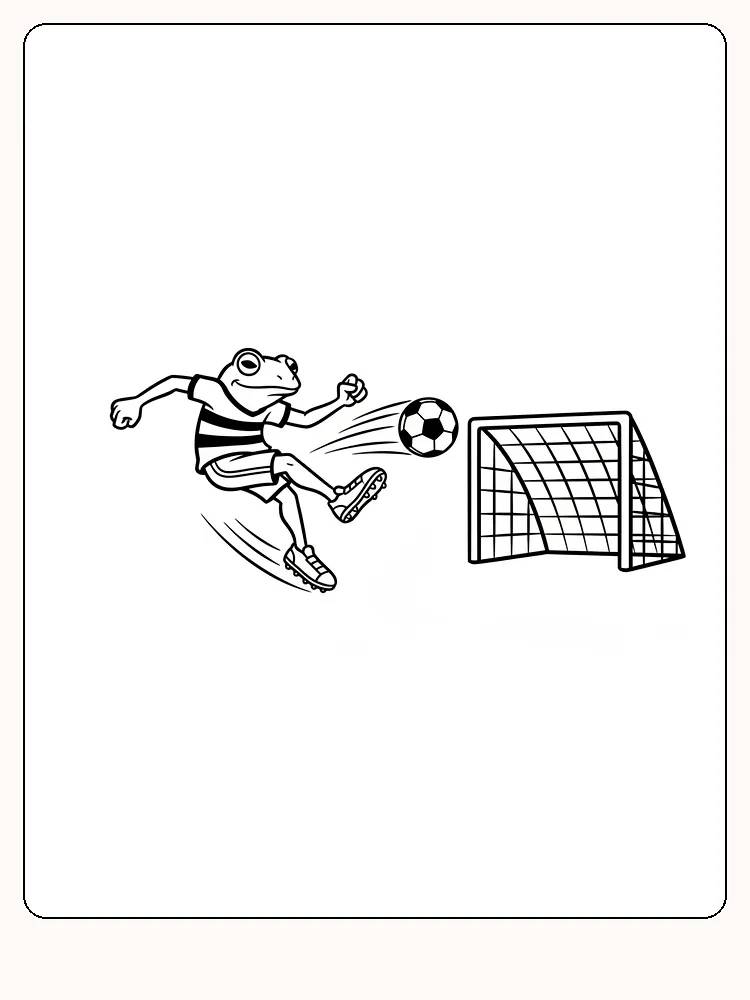 Tegning til farvelægning af en frø, der sparker til en fodbold mod et mål, klar til print