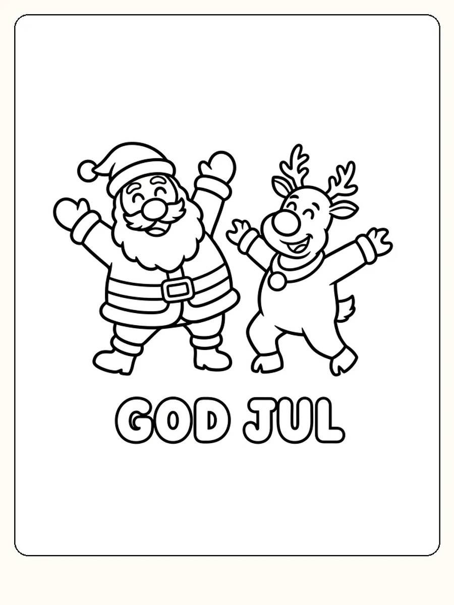 Fargeleggingsbilde av julenisse og reinsdyr som hopper med glede med teksten God Jul