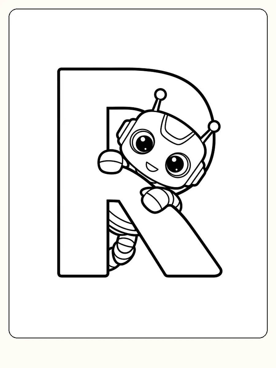 Fargelegging av en liten robot som smiler ved bokstaven R, klar for utskrift