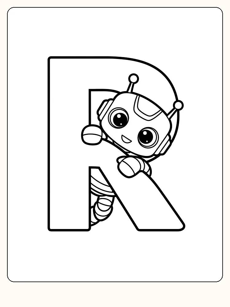 Fargelegging av en liten robot som smiler ved bokstaven R, klar for utskrift