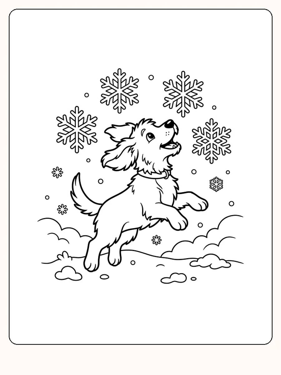 Chien ébouriffé qui bondit dans la neige, la gueule ouverte et les oreilles au vent, avec quatre grands cristaux de neige au-dessus de la tête