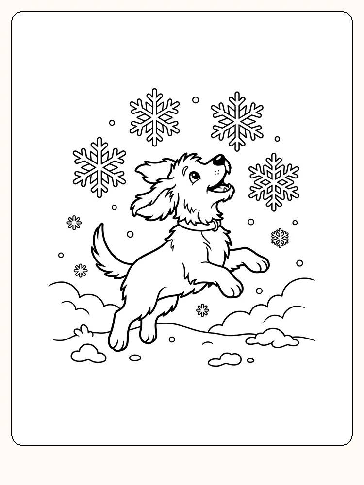 Chien ébouriffé qui bondit dans la neige, la gueule ouverte et les oreilles au vent, avec quatre grands cristaux de neige au-dessus de la tête