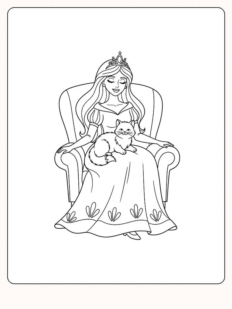 Tegning til farvelægning af prinsesse med kat i lænestol, klar til print