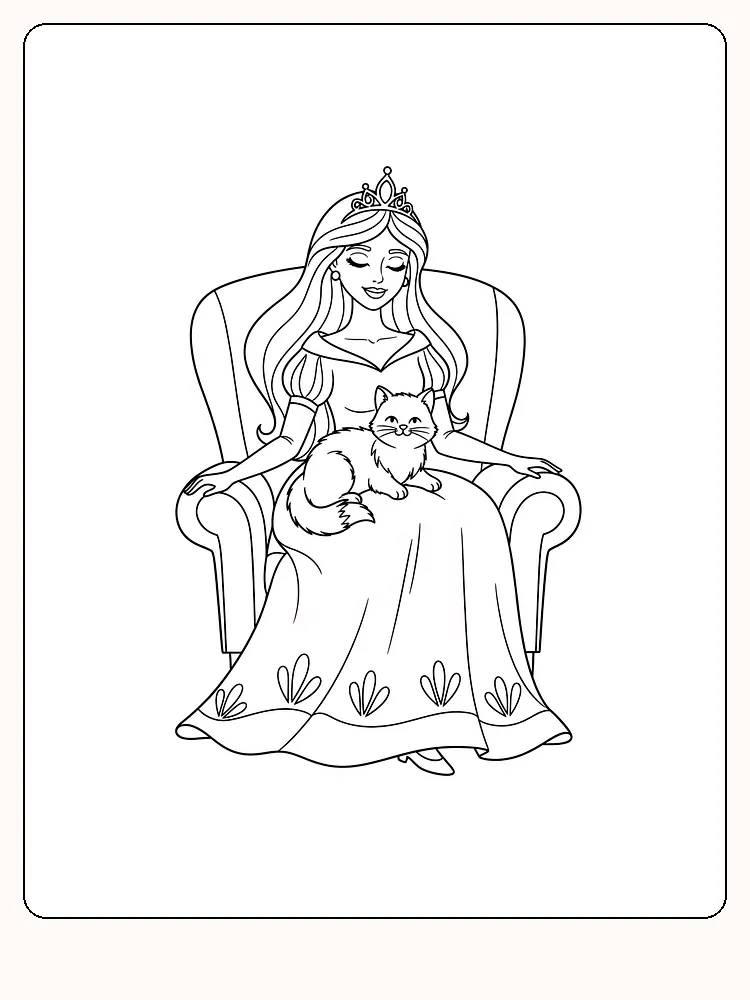 Tegning til farvelægning af prinsesse med kat i lænestol, klar til print