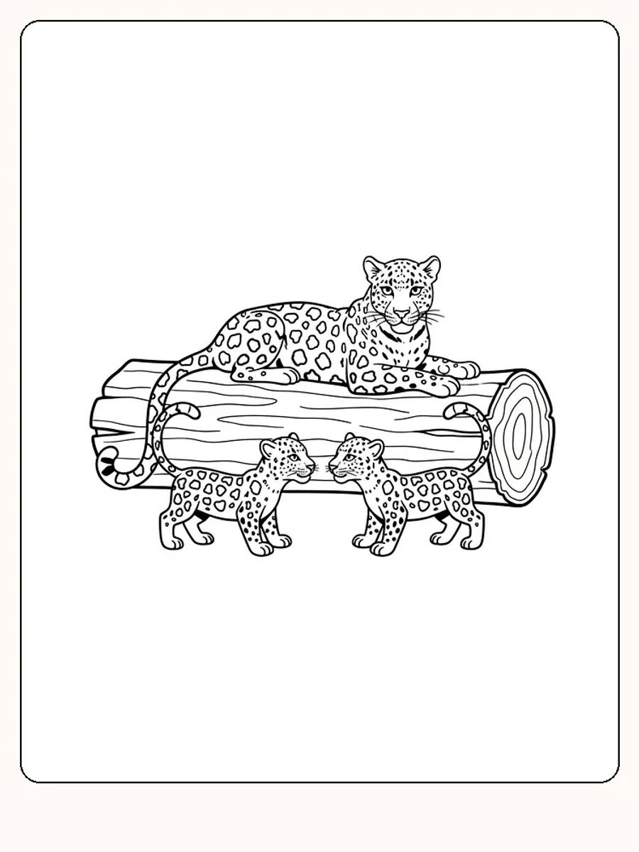 Fargeleggingsbilde av leopard som hviler på trestamme med to unger ved siden