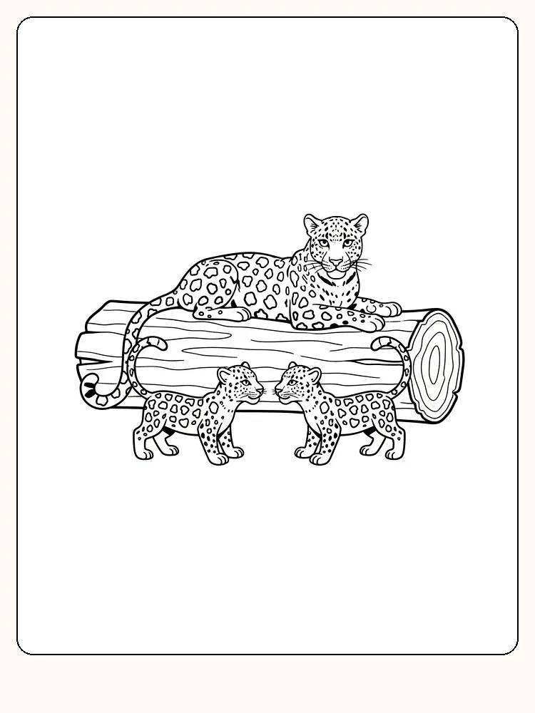 Fargeleggingsbilde av leopard som hviler på trestamme med to unger ved siden