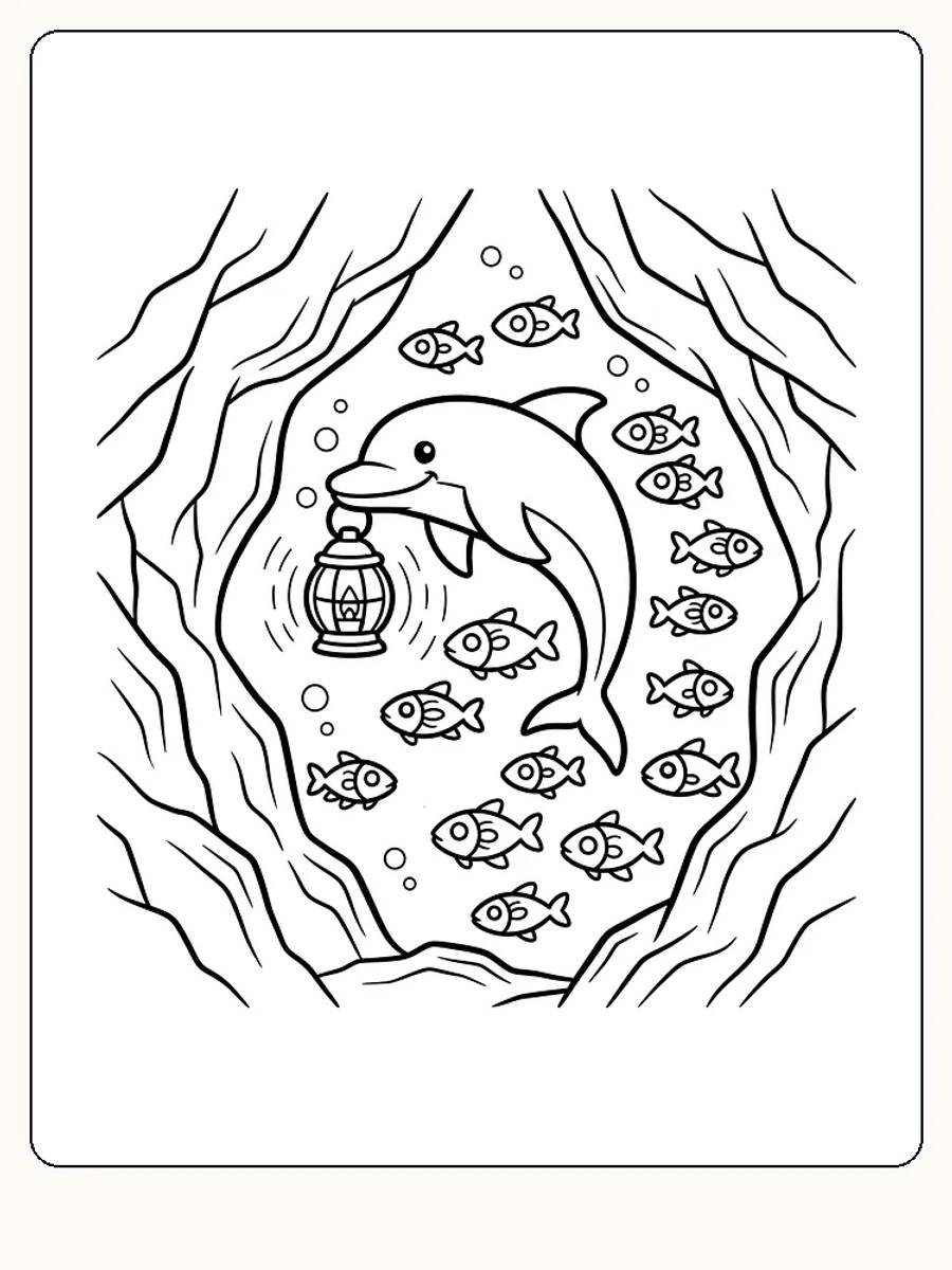 Tegning til farvelægning af en delfin, der holder en lanterne omgivet af små fisk i en grotte, klar til print