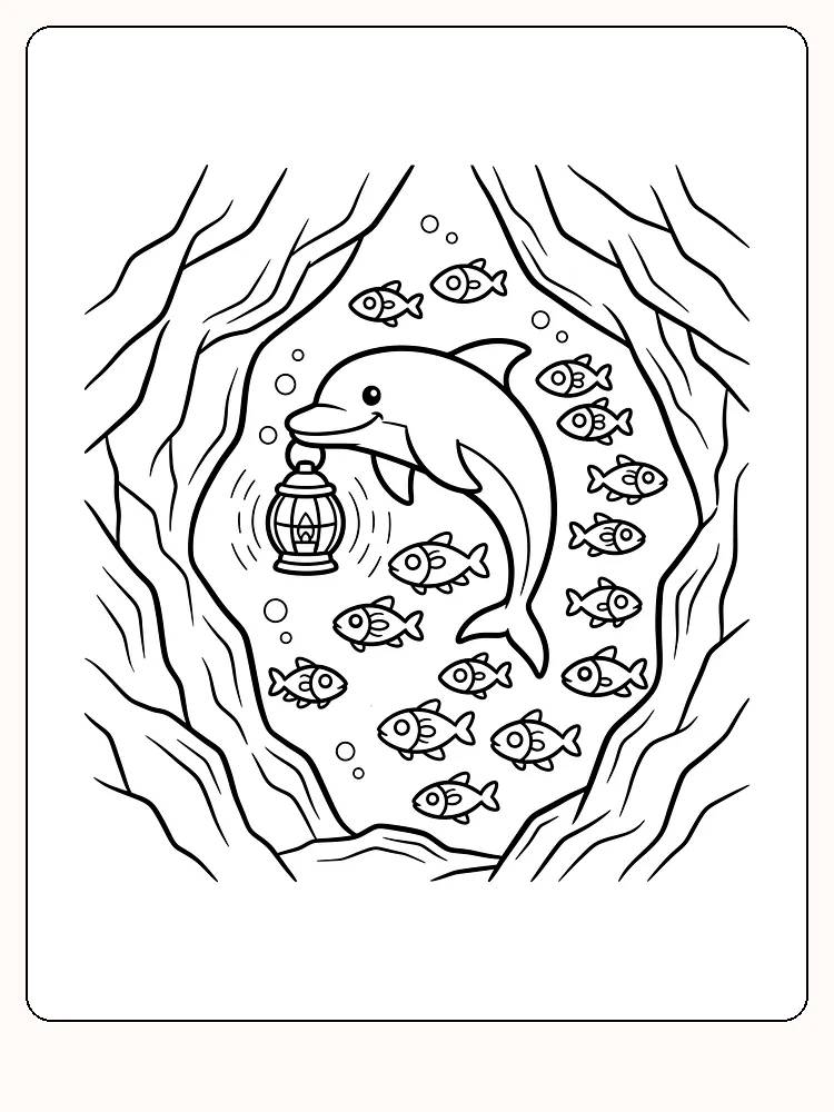 Tegning til farvelægning af en delfin, der holder en lanterne omgivet af små fisk i en grotte, klar til print
