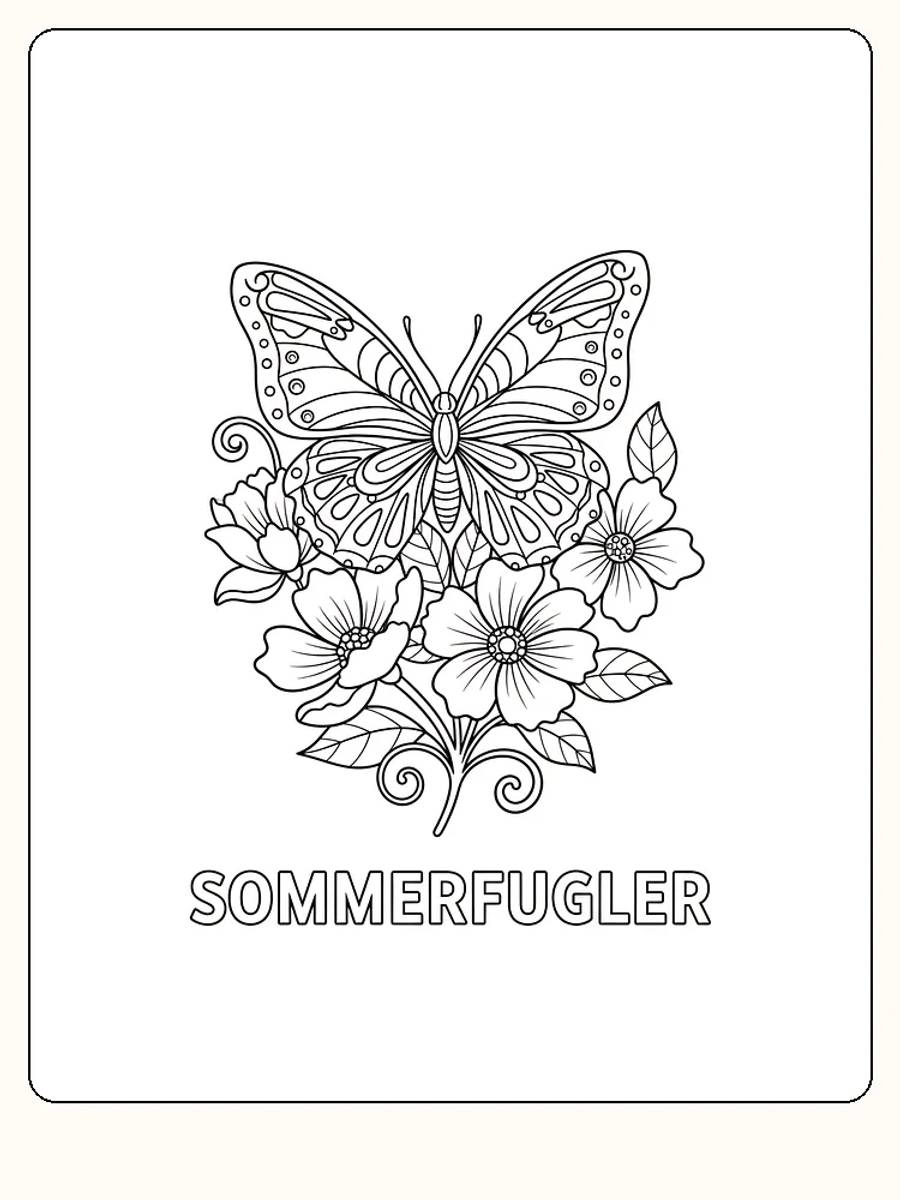 Detaljeret tegning til farvelægning af en sommerfugl, der sidder på blomster, klar til print