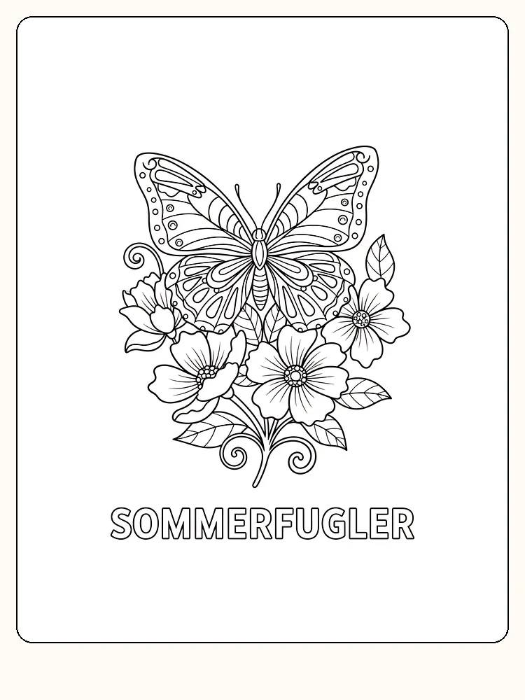 Detaljeret tegning til farvelægning af en sommerfugl, der sidder på blomster, klar til print