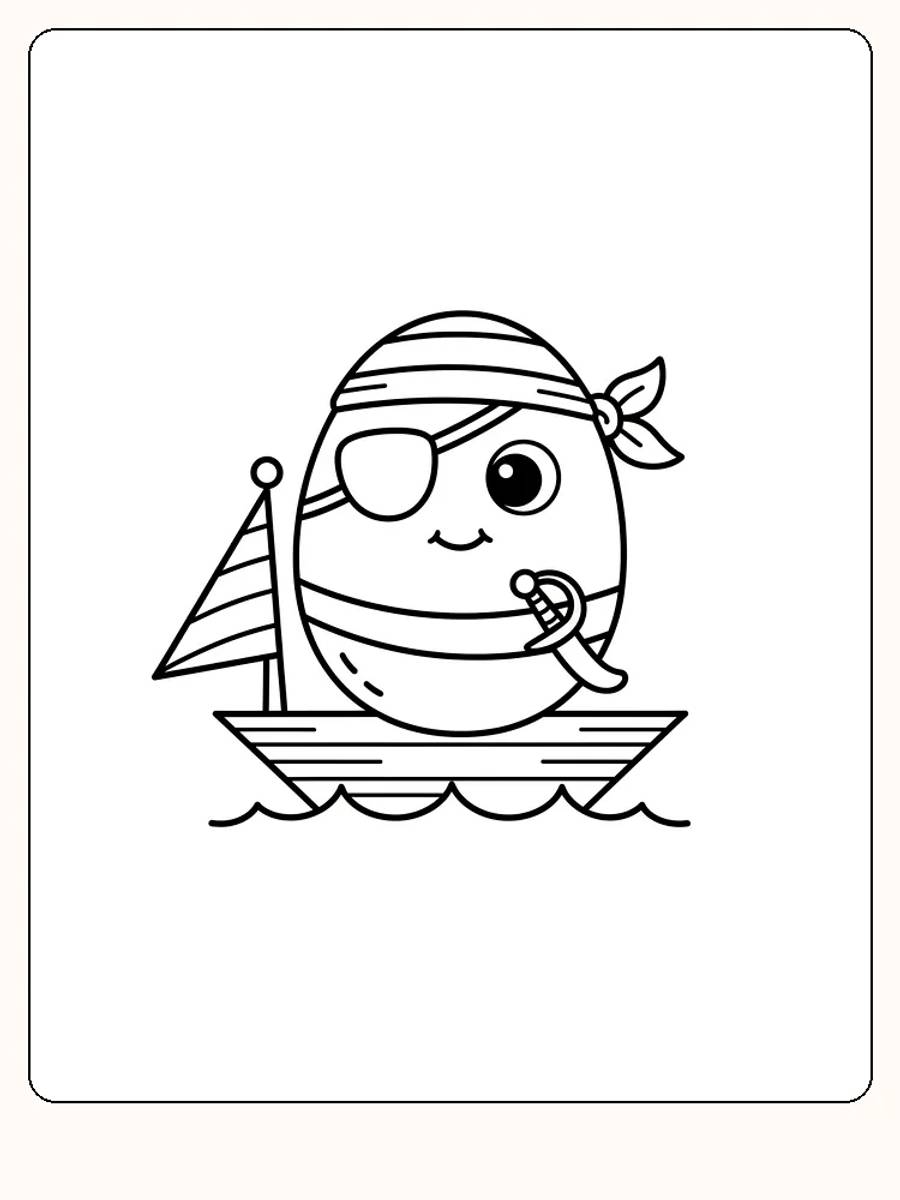 Tegning til farvelægning af et piratæg med øjenklap i en lille båd, klar til print