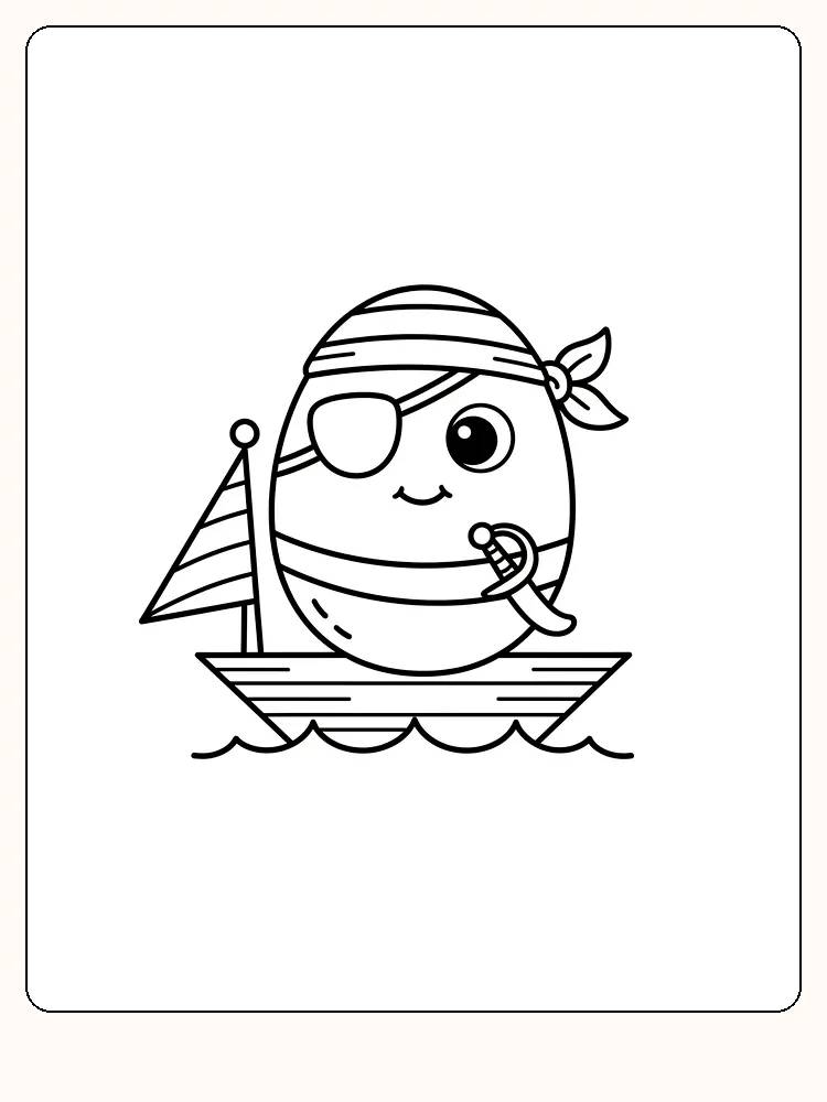 Tegning til farvelægning af et piratæg med øjenklap i en lille båd, klar til print