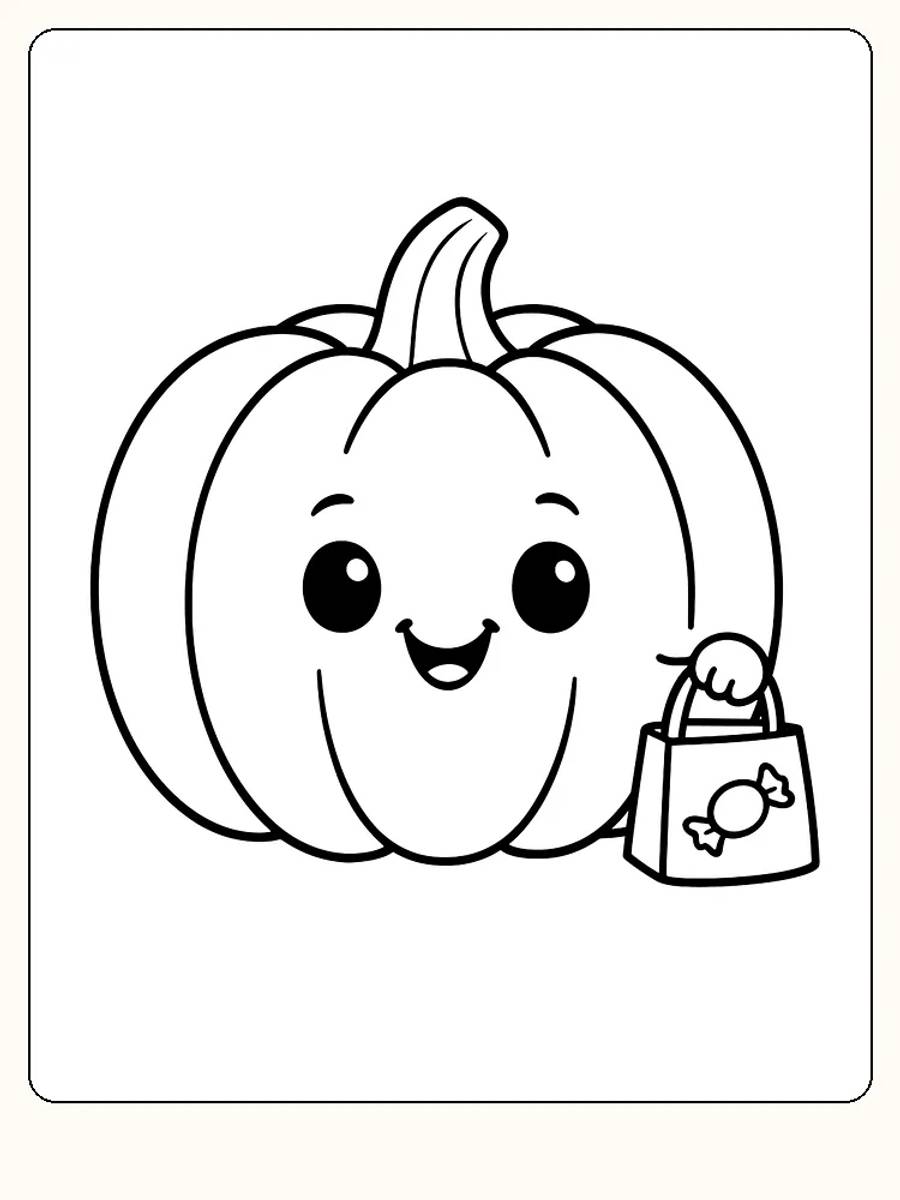 Farvelægning af et sødt græskar, der holder en slikpose, perfekt til halloween