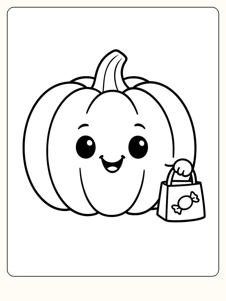 Farvelægning af et sødt græskar, der holder en slikpose, perfekt til halloween