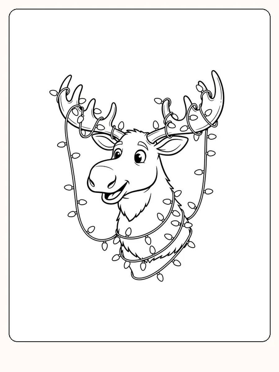 Tegning til farvelægning af en elg pyntet med julelys, perfekt til print og sjov