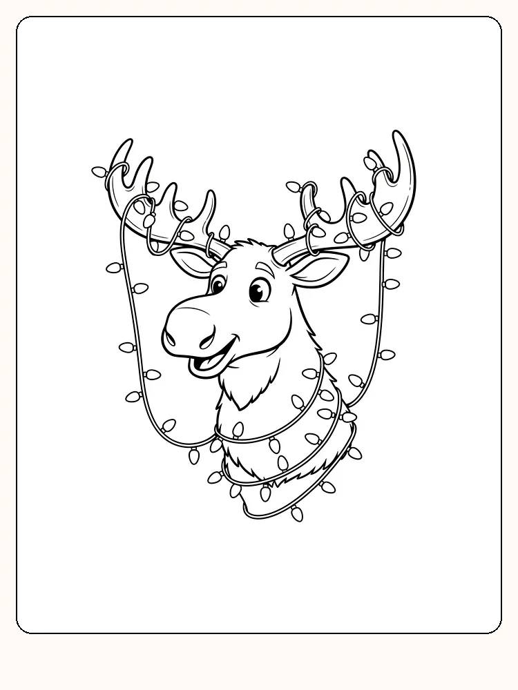 Tegning til farvelægning af en elg pyntet med julelys, perfekt til print og sjov