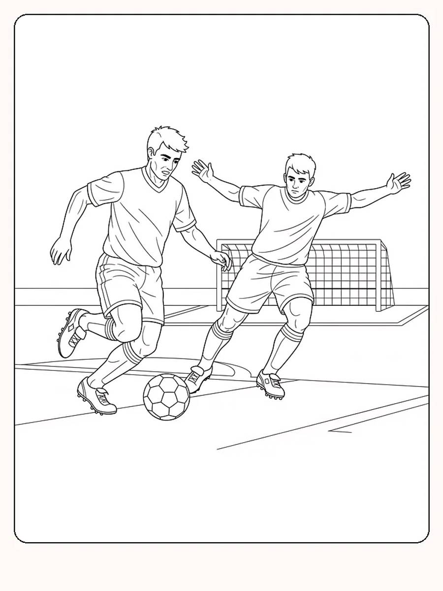 Fargeleggingstegning av to fotballspillere i kamp foran mål, klar for utskrift