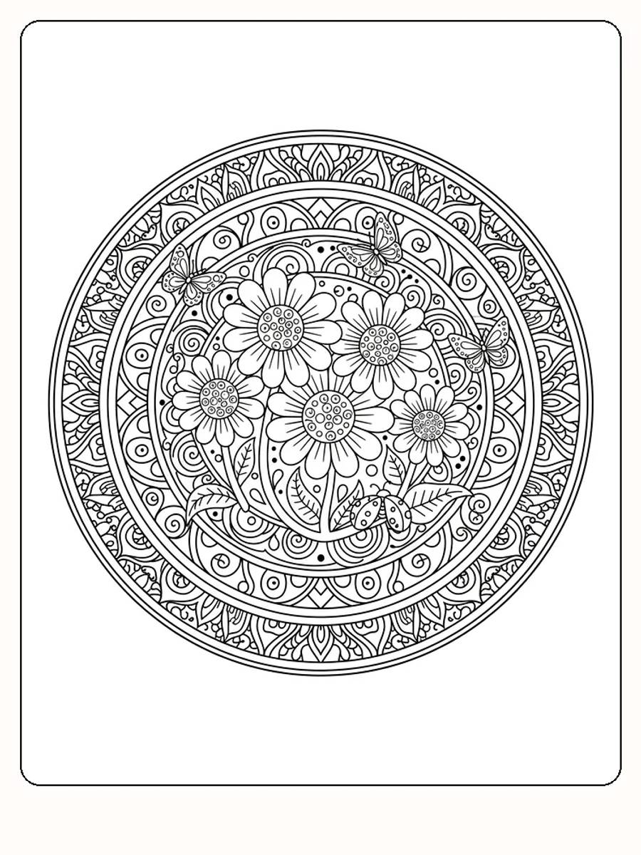 Intrikate Mandala-Muster mit Blumen und Schmetterlingen, detaillierte Linien zum Ausmalen.