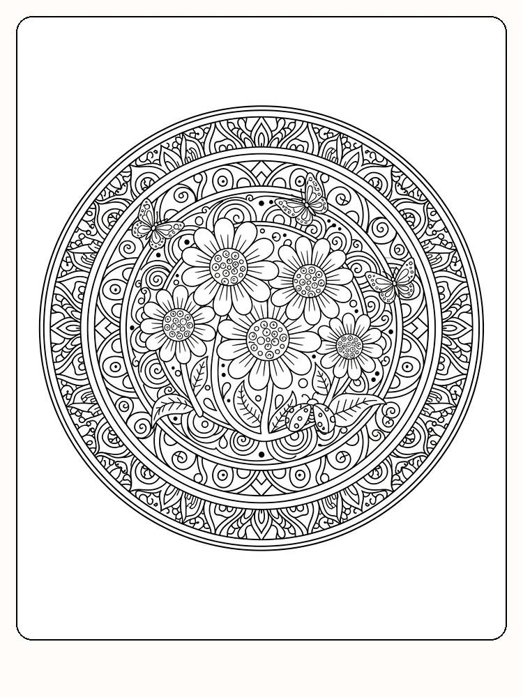 Intrikate Mandala-Muster mit Blumen und Schmetterlingen, detaillierte Linien zum Ausmalen.