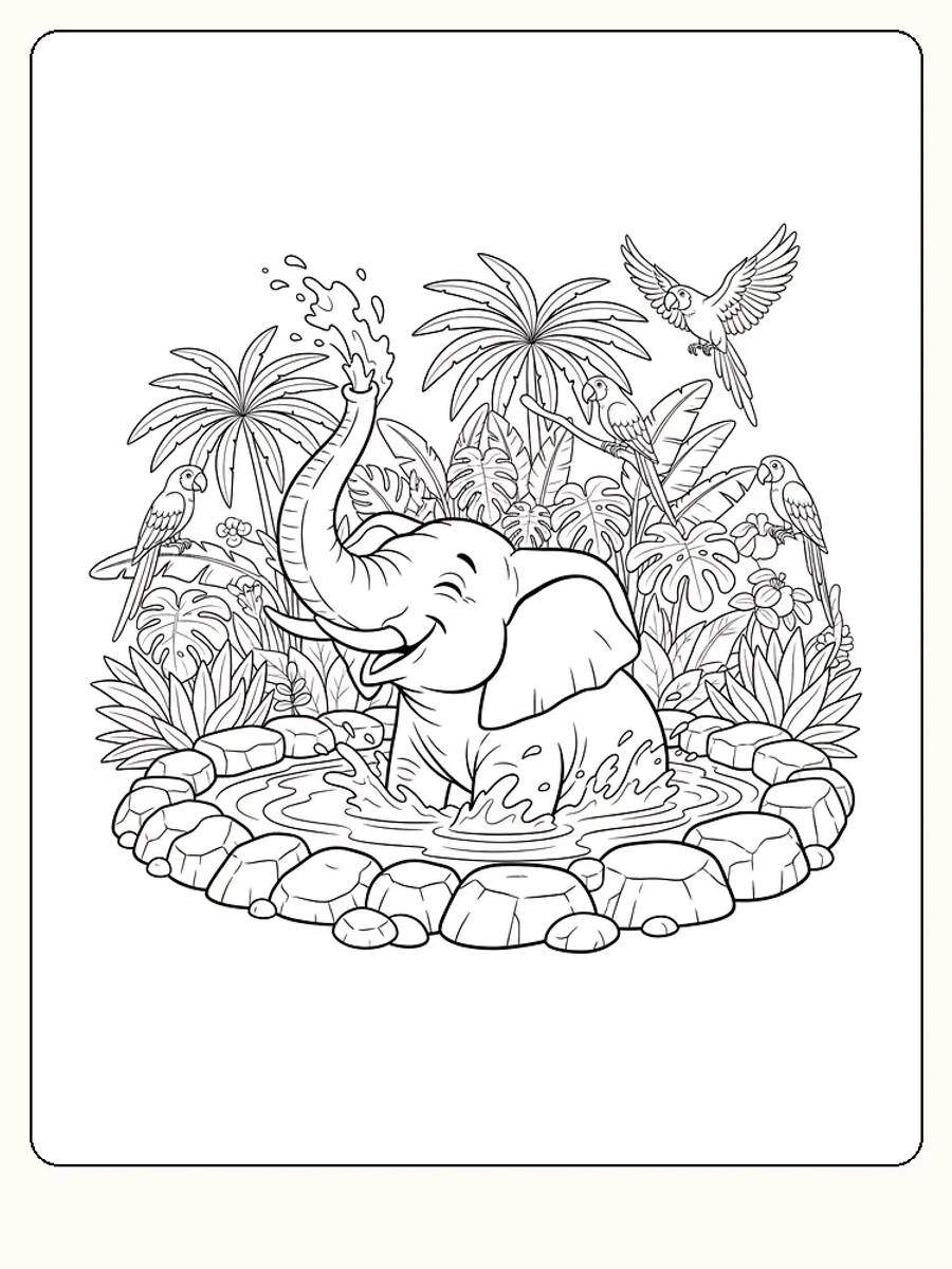 Fargeleggingsbilde av en elefant som spruter vann i en dam omgitt av tropisk flora