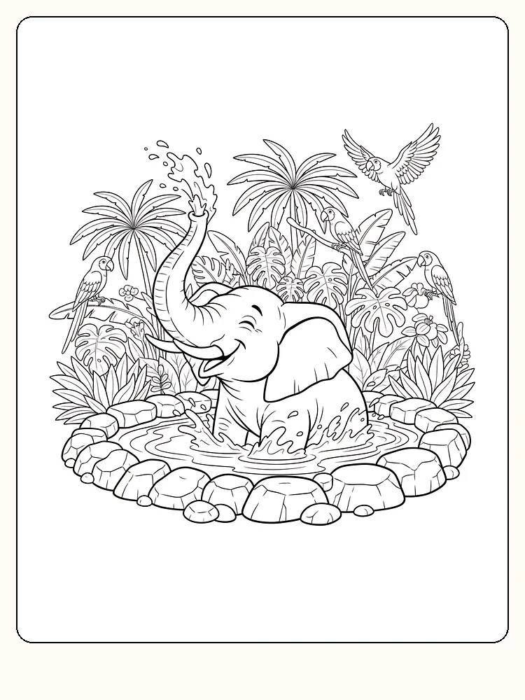 Fargeleggingsbilde av en elefant som spruter vann i en dam omgitt av tropisk flora