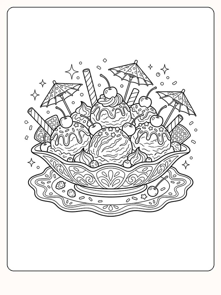 Coupe de glace en forme de bateau sur une assiette ondulée, avec des boules de glace, des cerises, des gaufrettes roulées et trois petites ombrelles, entourée d'étoiles scintillantes