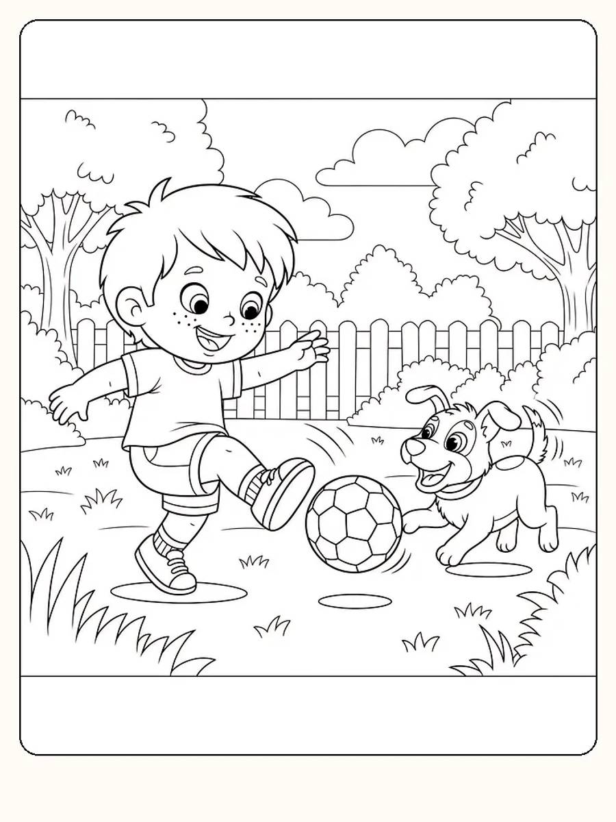 Tegning til farvelægning af børn, der sparker til en bold sammen med en glad hund, perfekt til print