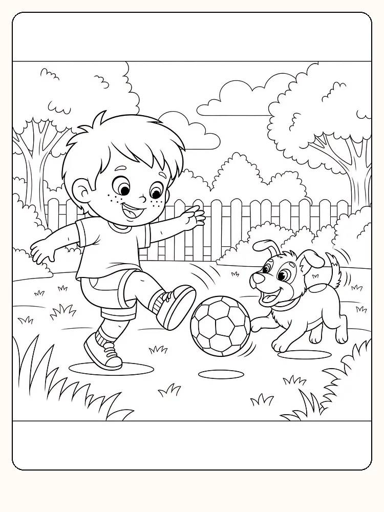 Tegning til farvelægning af børn, der sparker til en bold sammen med en glad hund, perfekt til print