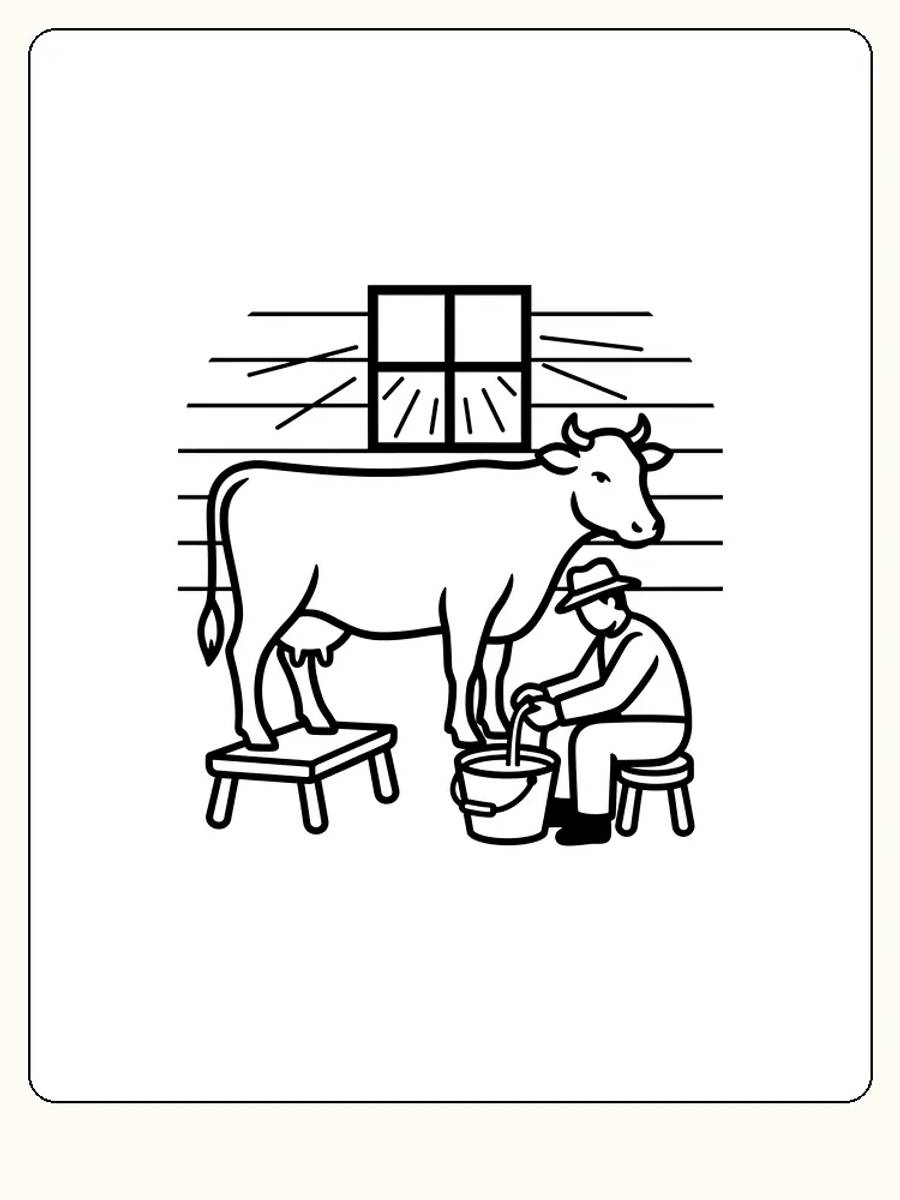 Tegning til farvelægning af en landmand, der malker en ko i en stald, klar til print